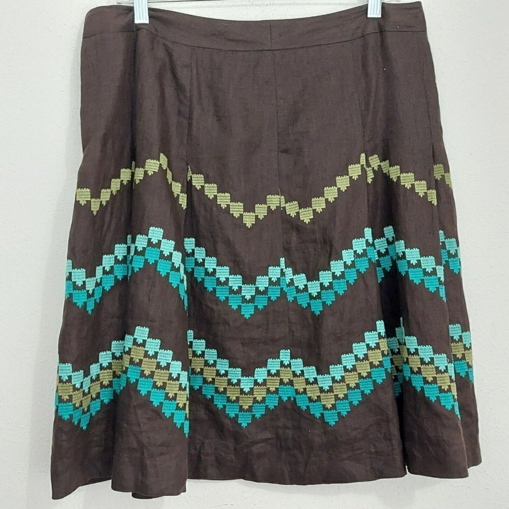 ANN TAYLOR LOFT Womens Sz 12P Aztec Embroidered 100% Linen Skirt Brown/Turquoise